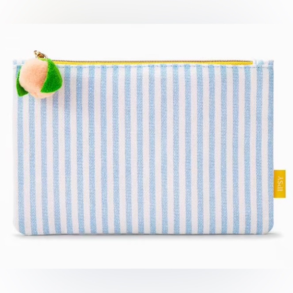 NWT | IPSY | Blue/White Striped Canvas Peach-Shaped Pom-Pom Makeup/Cosmetic Bag